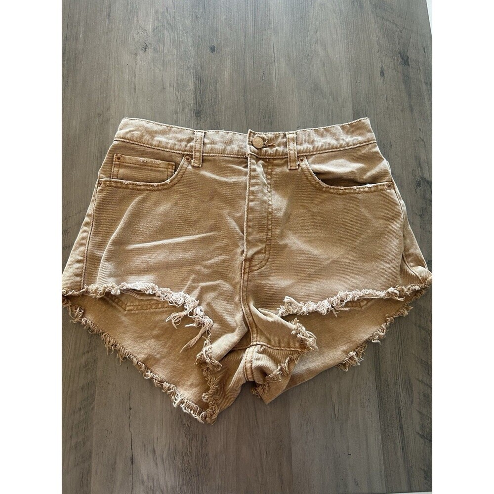 BDG Urban Outfitters Cheeky Denim Shorts Tan Festival Distressed Raw Hem 28